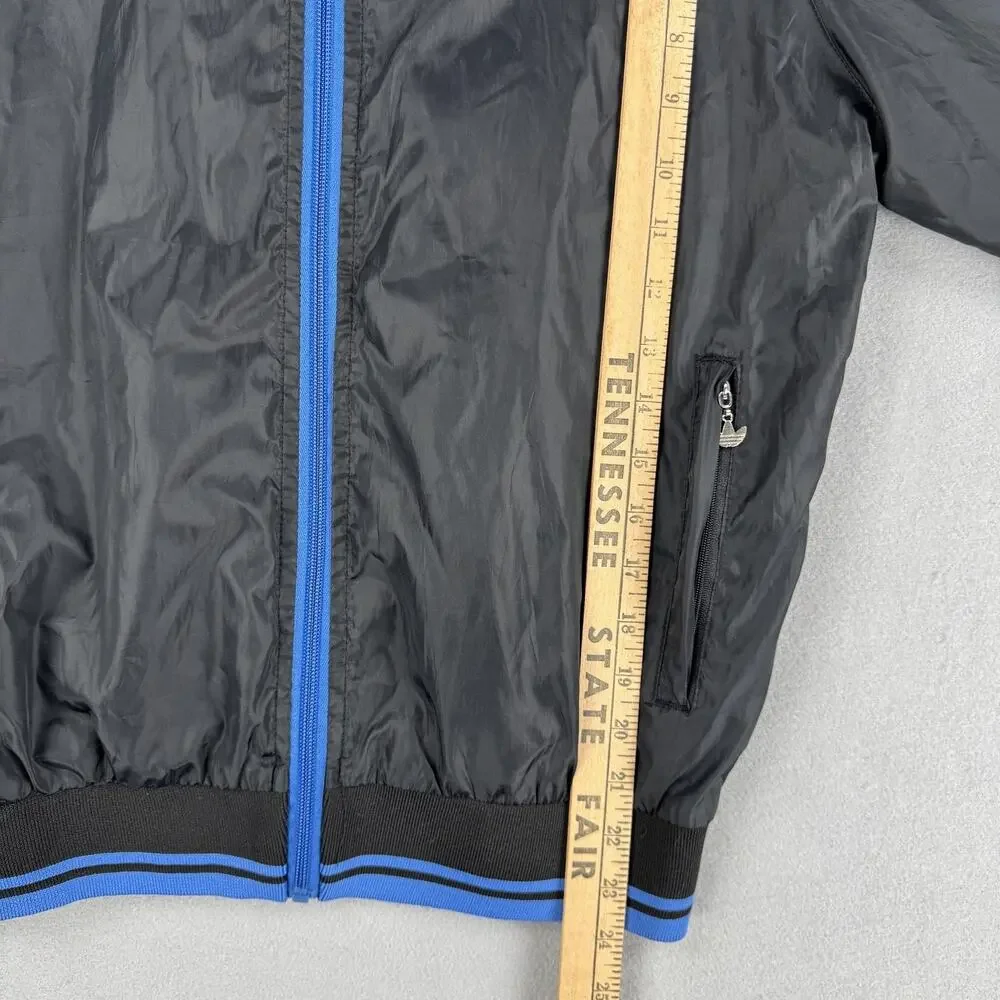 Vintage Adidas Originals Jacket Mens Medium Black Blue Hood Windbreaker Full Zip
